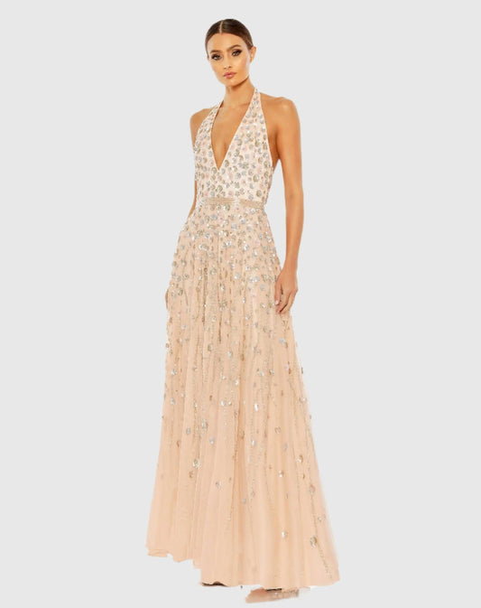 Pink Floral Embellished Halter Strap A Line Gown