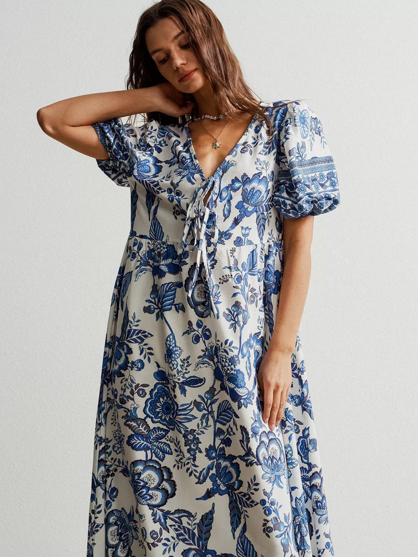 Hazel Blues® |  Floral Print Tie-Neck Puff Sleeve Maxi Dress