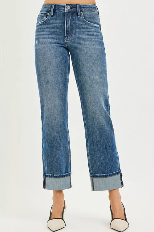 Hazel Blues® | RISEN 4 Way Stretch Slouchy Straight Jeans with Cuffed Hem