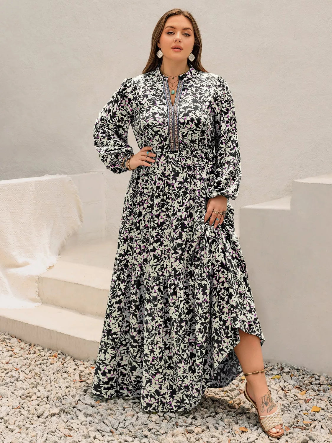 Hazel Blues® | Floral Print Long Sleeve Tiered Maxi Dress