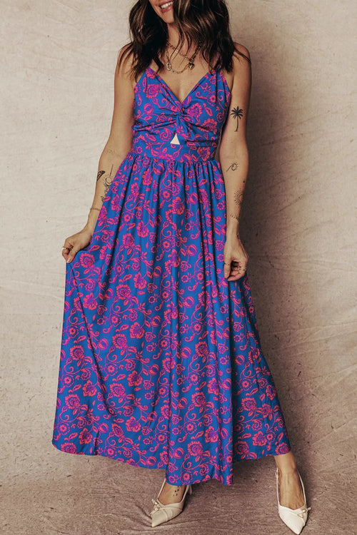 Hazel Blues® |  Floral Print Twisted V Neck Tied Backless Maxi Dress