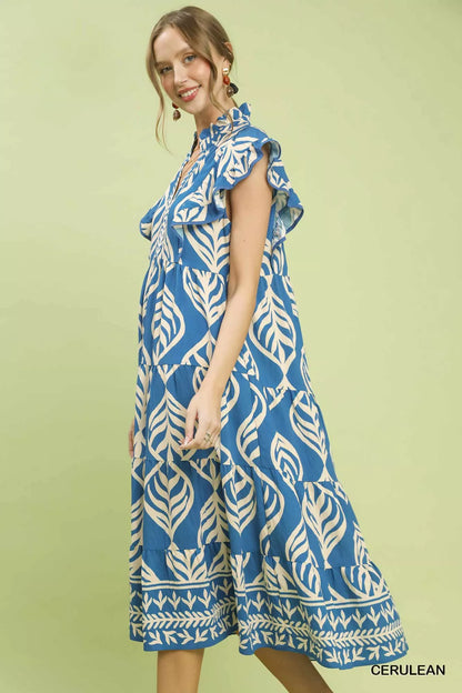 Hazel Blues® |  Umgee Leaf Print Tiered Midi Dress with Pockets