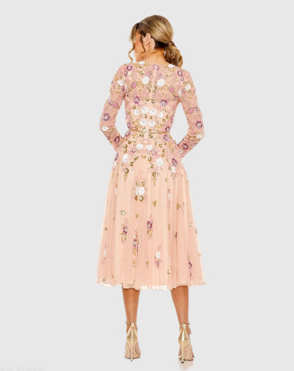 Pink Sequined Floral Long Sleeve High Neck Midi Dress