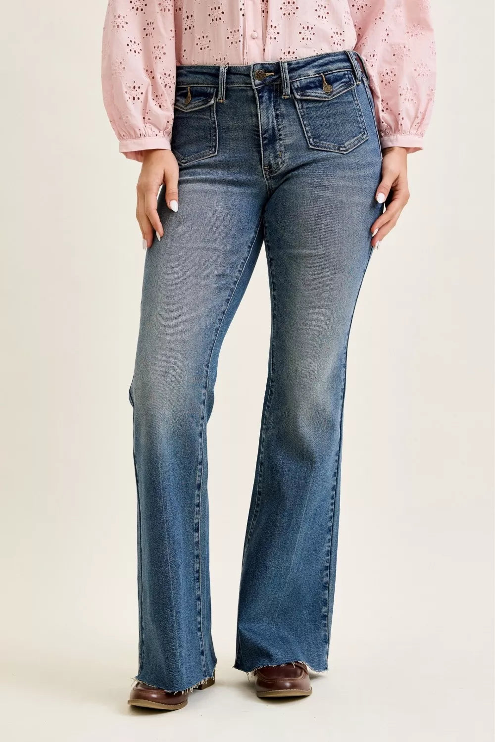 Hazel Blues® |  Judy Blue Mid Rise Flare Jeans with Front Flap Pockets