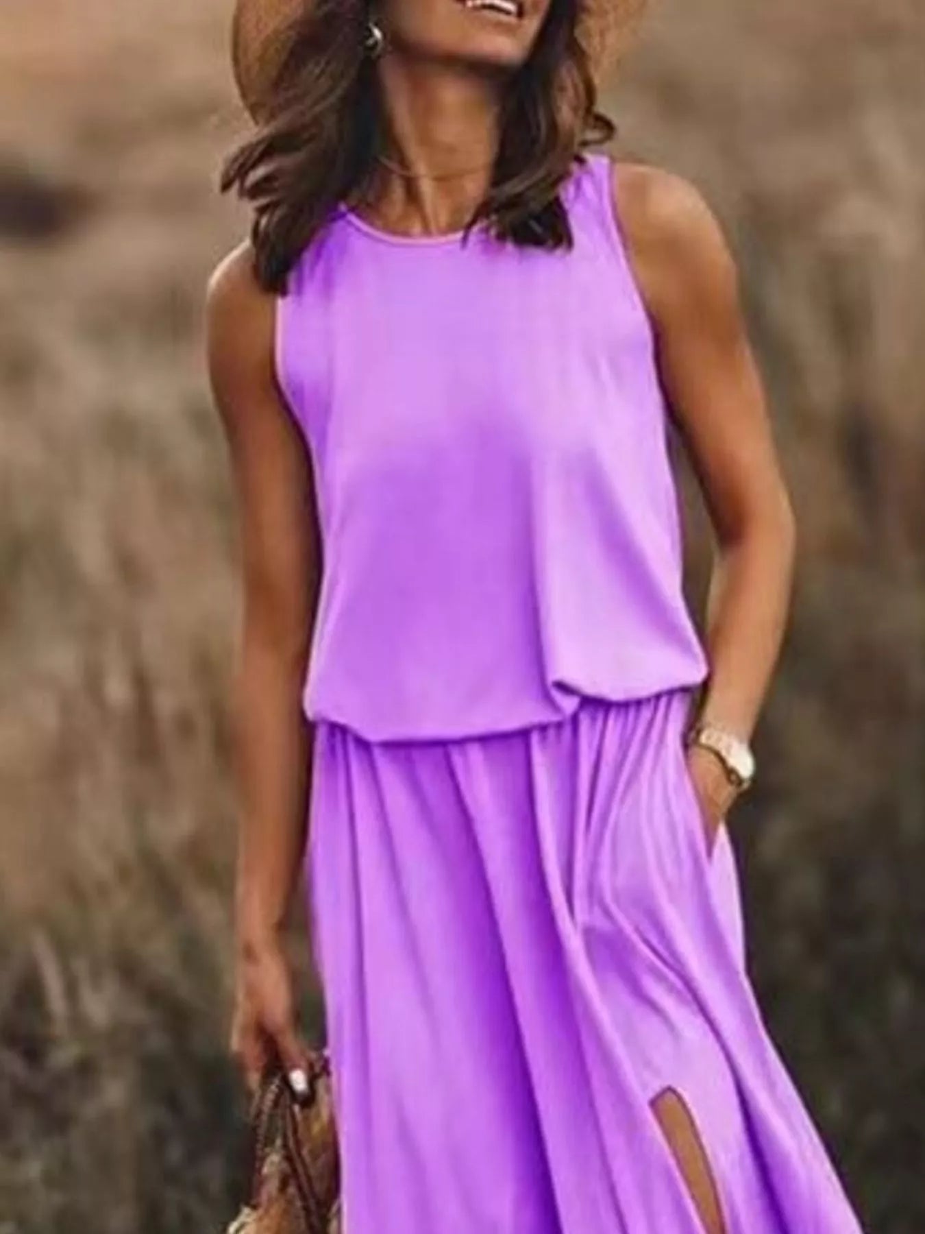 Hazel Blues® | Round Neck Sleeveless Slit Maxi Dress