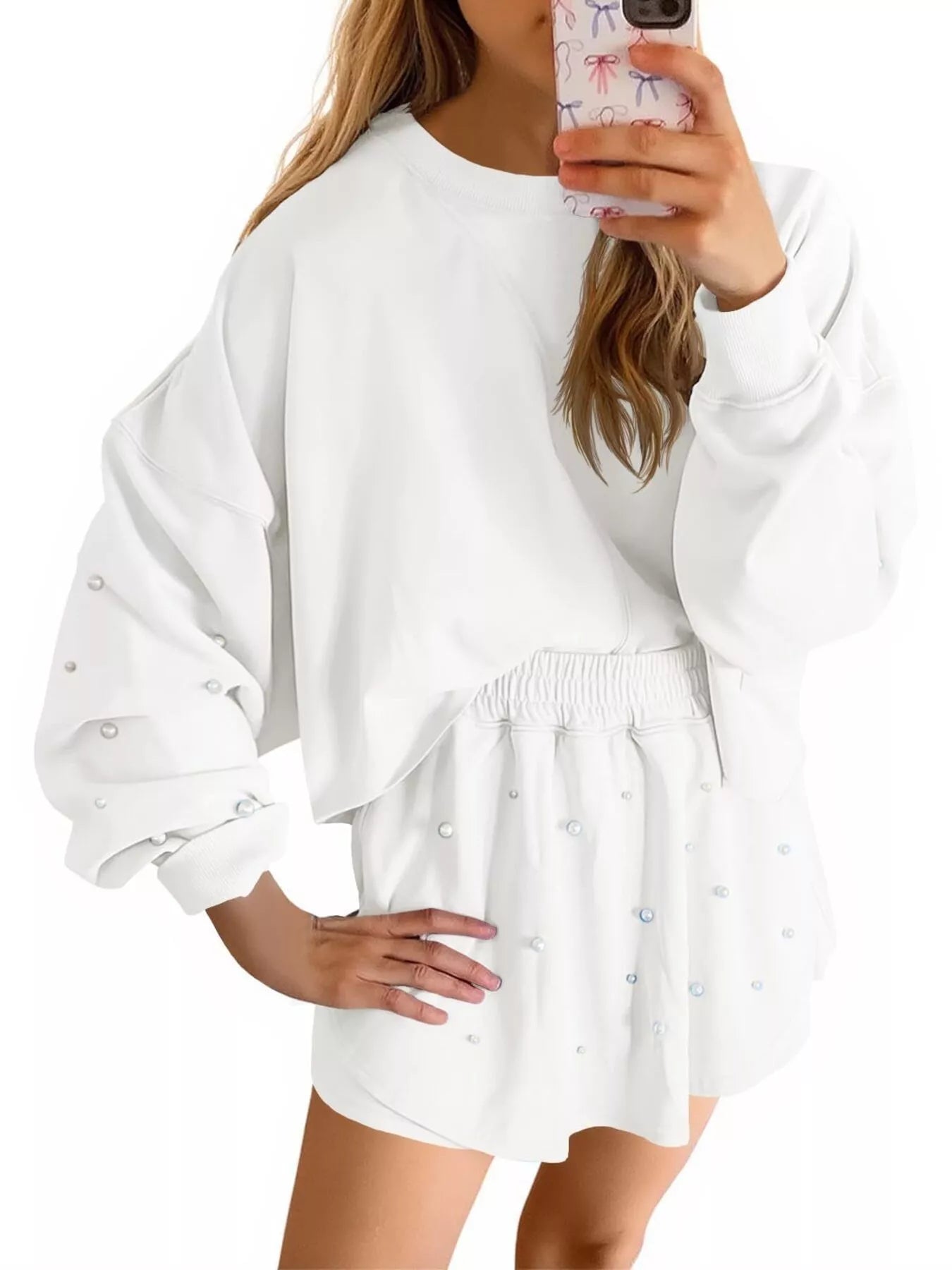 Hazel Blues® |  Pearl Embellished Round Neck Top and Skort Set