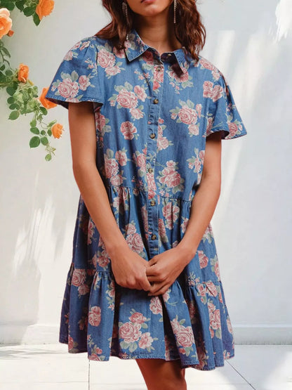Hazel Blues® |  Floral Print Denim Button-Down Tiered Mini Dress