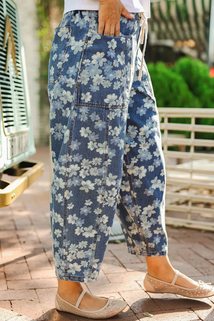 Hazel Blues® |  Dainty Floral Printed Drawstring Barrel Jeans