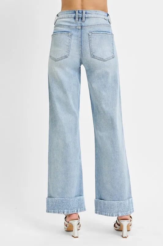 Hazel Blues® | RISEN Tummy Control High Rise Ankle Wide Cuffed Jeans