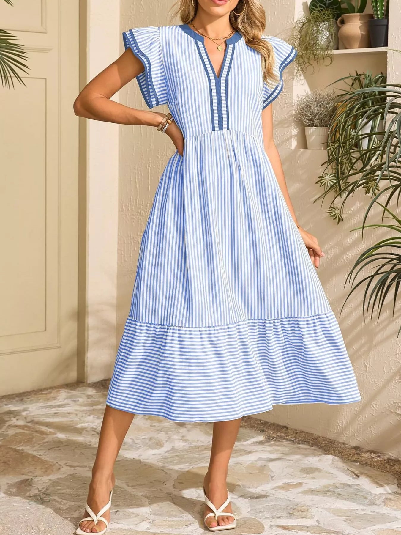 Hazel Blues® |  Striped Notched Ruffle Sleeve Dress