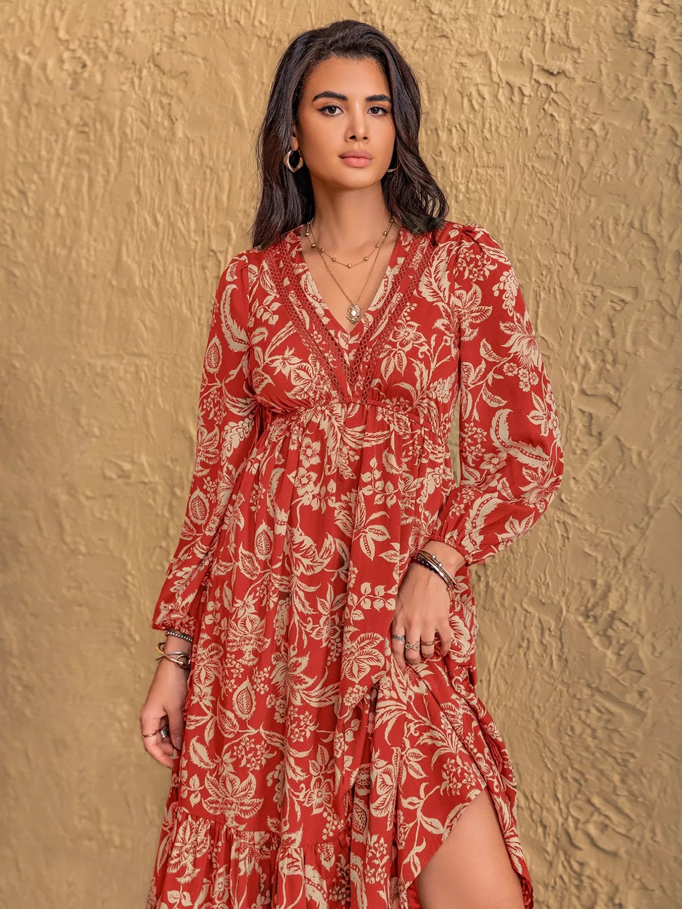 Hazel Blues® |  Boho Floral Print Long Sleeve Midi Dress
