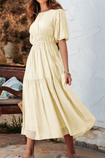 Hazel Blues® |  Puff Sleeve Pleated High Waist Flowy Midi Dress