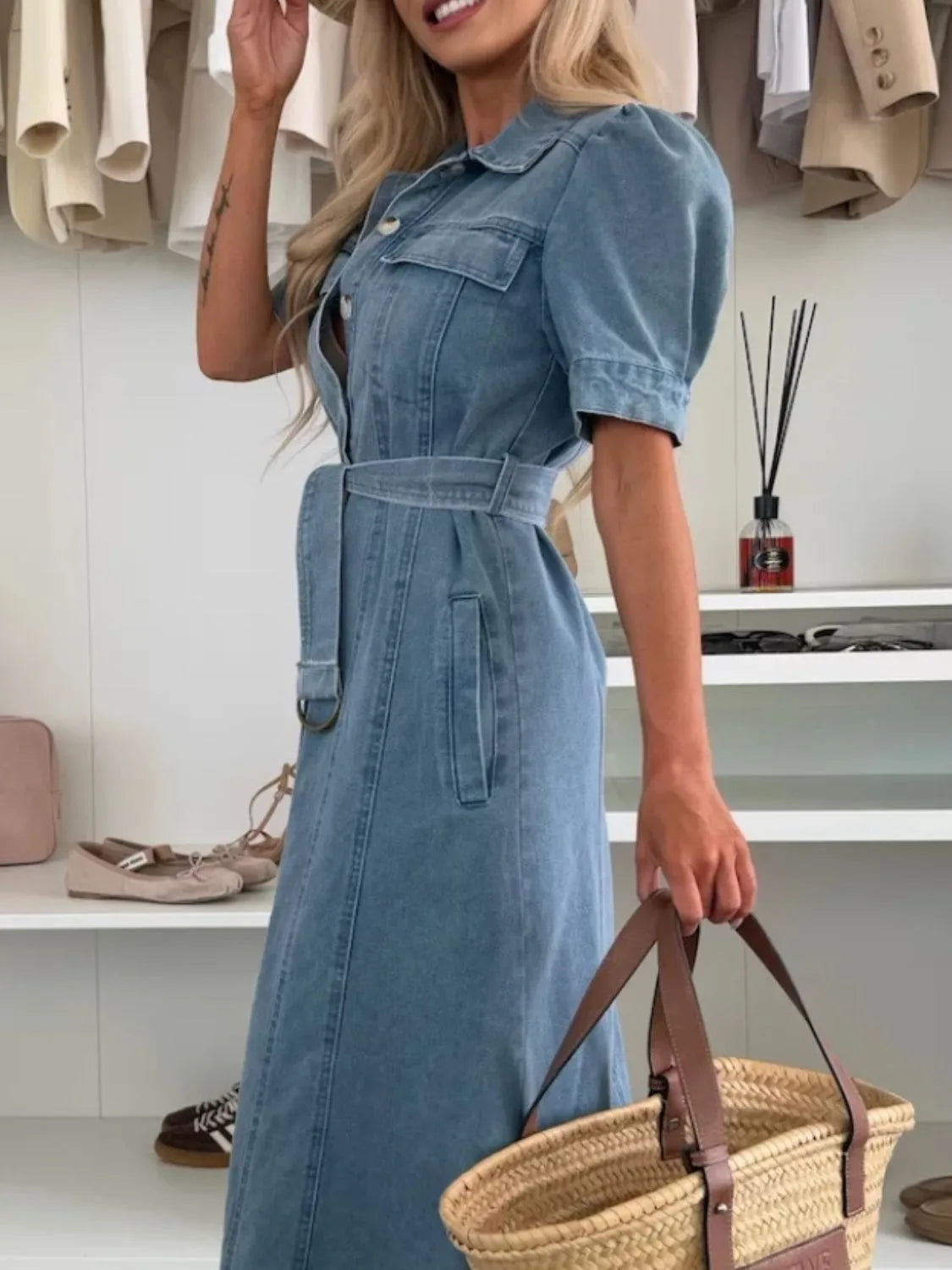 Hazel Blues® |  Puff Sleeve Button Down Belted Denim Midi Dress