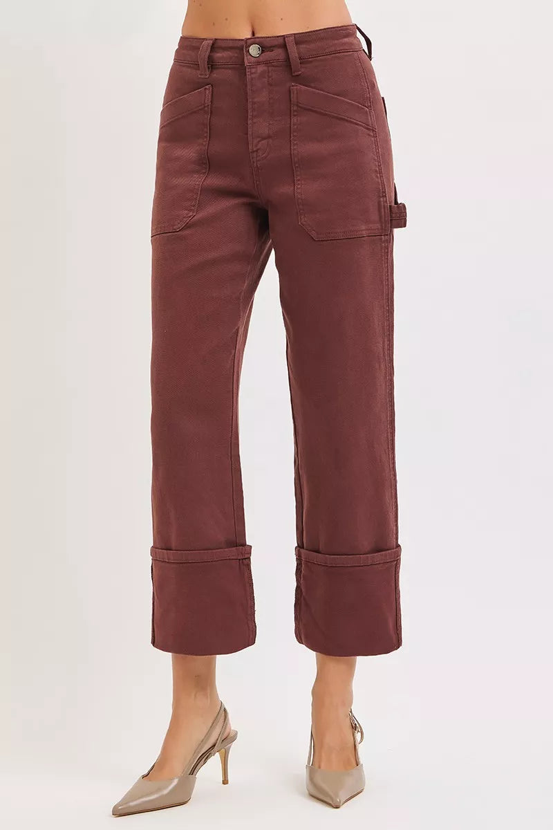 Hazel Blues® | RISEN High Rise Wide Straight Cuffed Patch Jeans