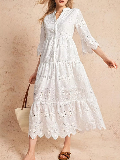 Hazel Blues® |  Eyelet Notched Tiered Midi Dress