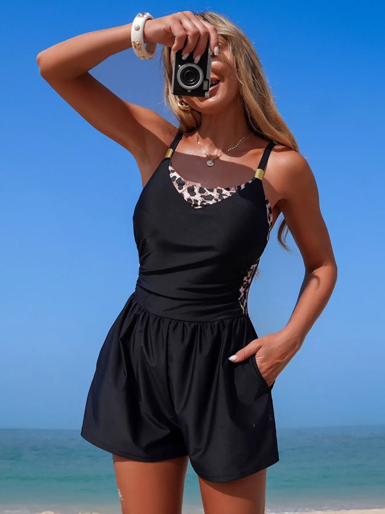 Hazel Blues® | Color Block Adjustable Strap One-Piece Swimsuit