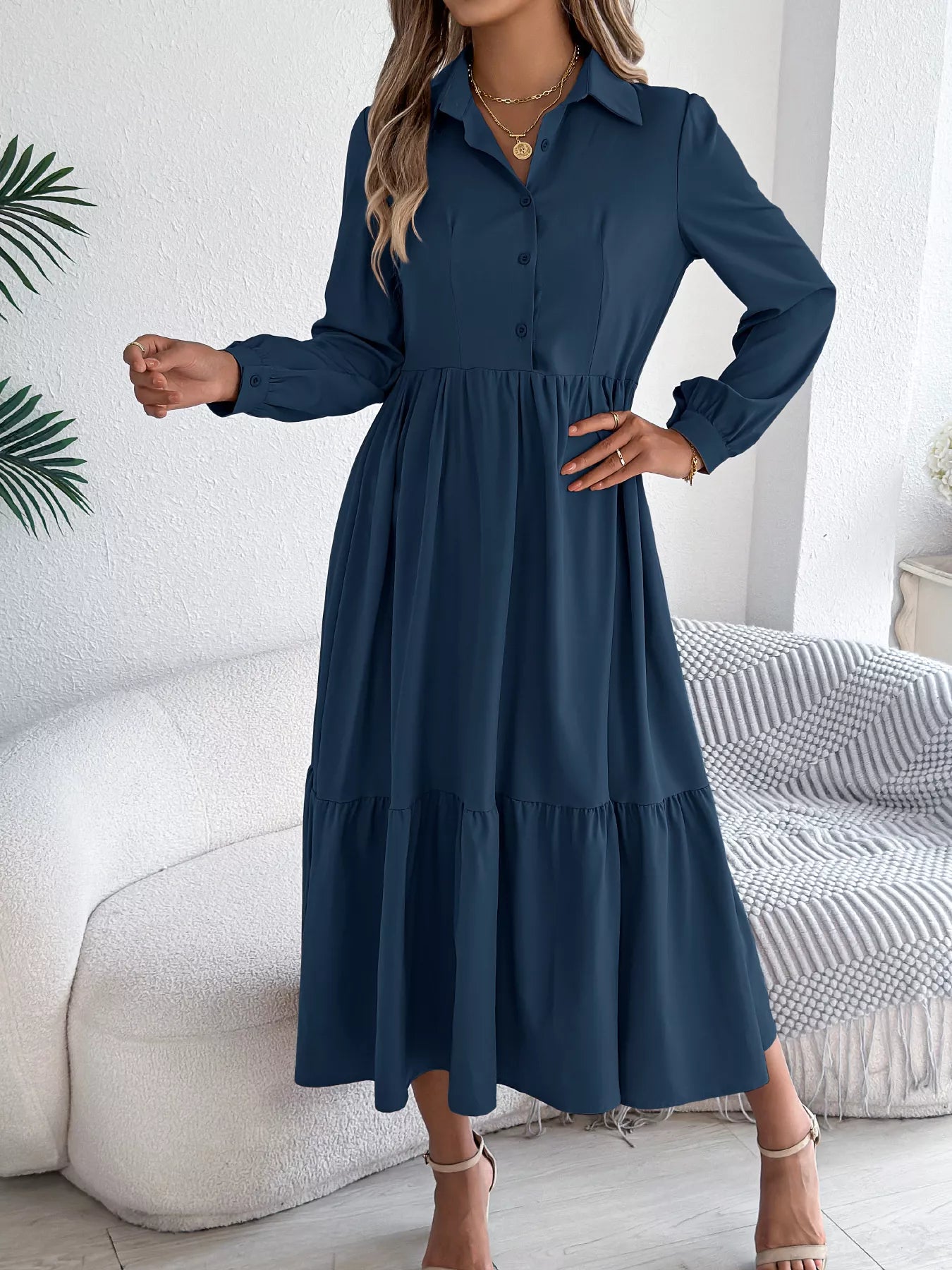Hazel Blues® |  Long Sleeve Tiered Button Front Midi Dress