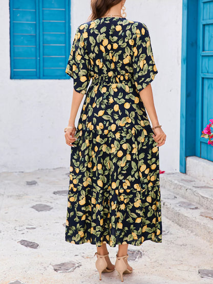 Hazel Blues® |  Printed V-Neck Ruffle Hem Flowy Midi Dress