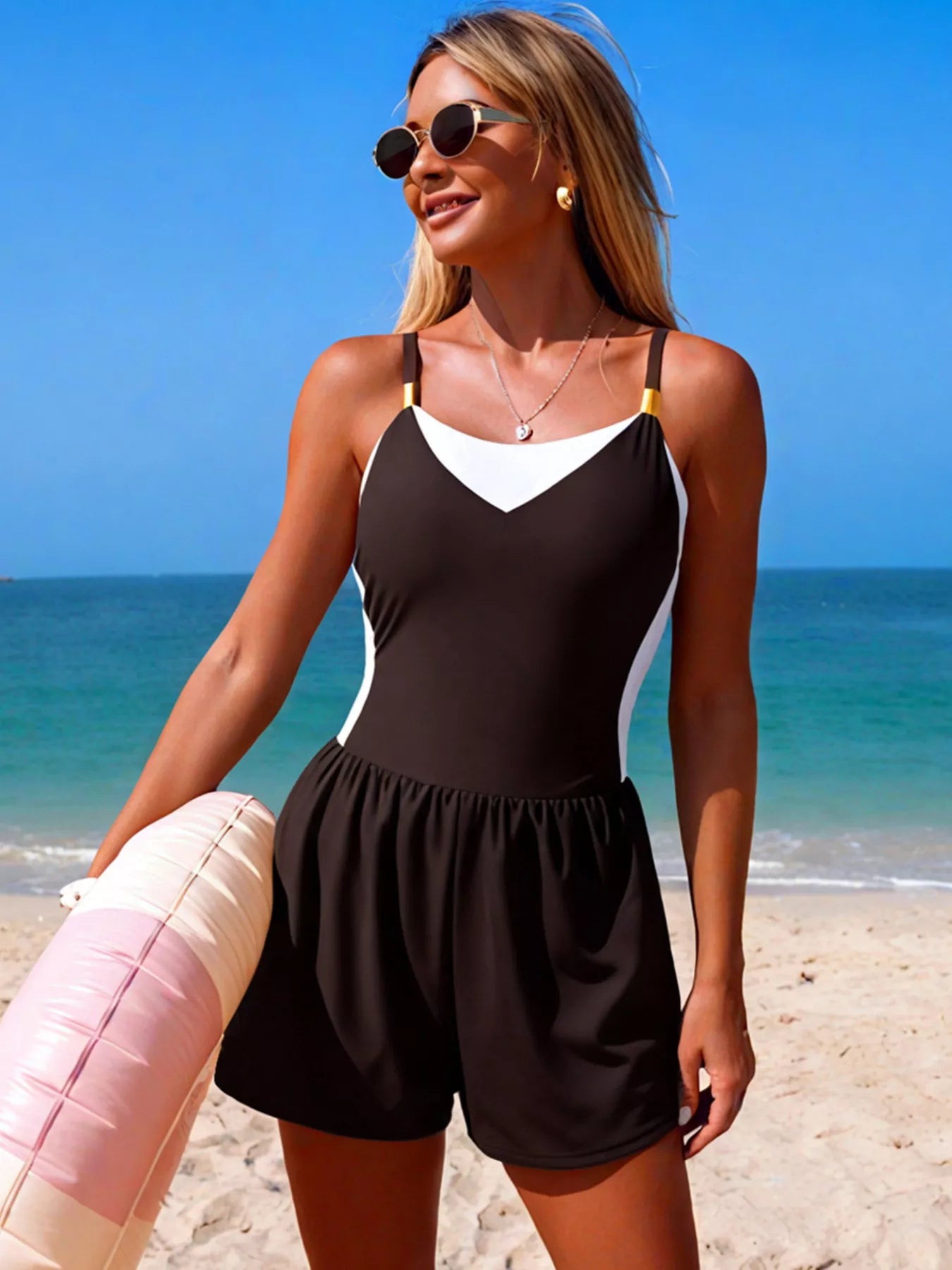 Hazel Blues® | Color Block Adjustable Strap One-Piece Swimsuit