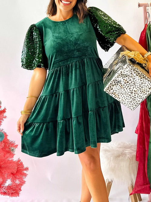 Hazel Blues® |  Sequin Puff Sleeve High Waist Tiered Velvet Mini Dress