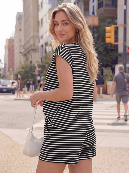 Hazel Blues® |  Striped Round Neck Tee and Shorts Set