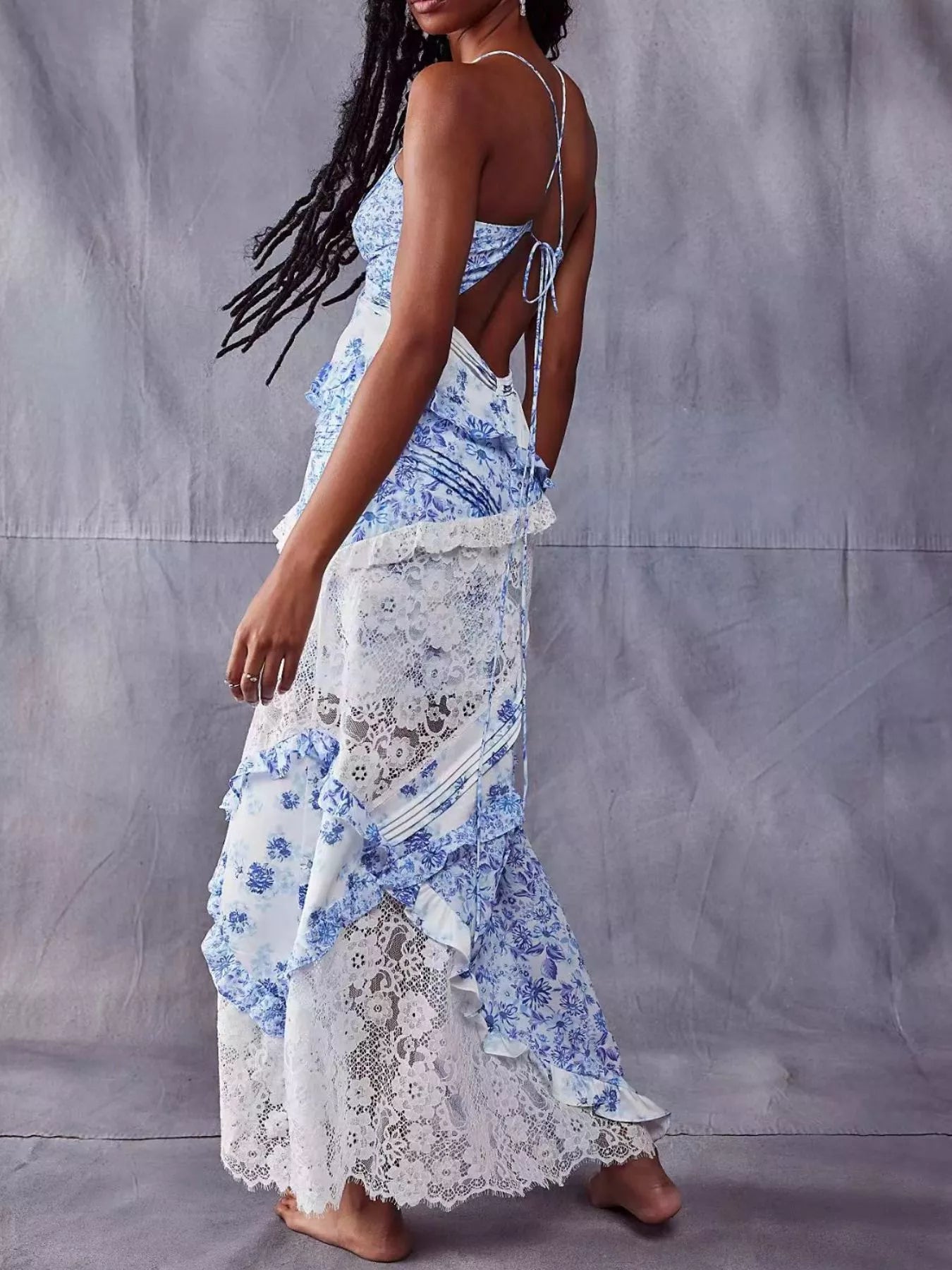 Hazel Blues® |  Lace Floral Print Ruffle Trim Maxi Dress