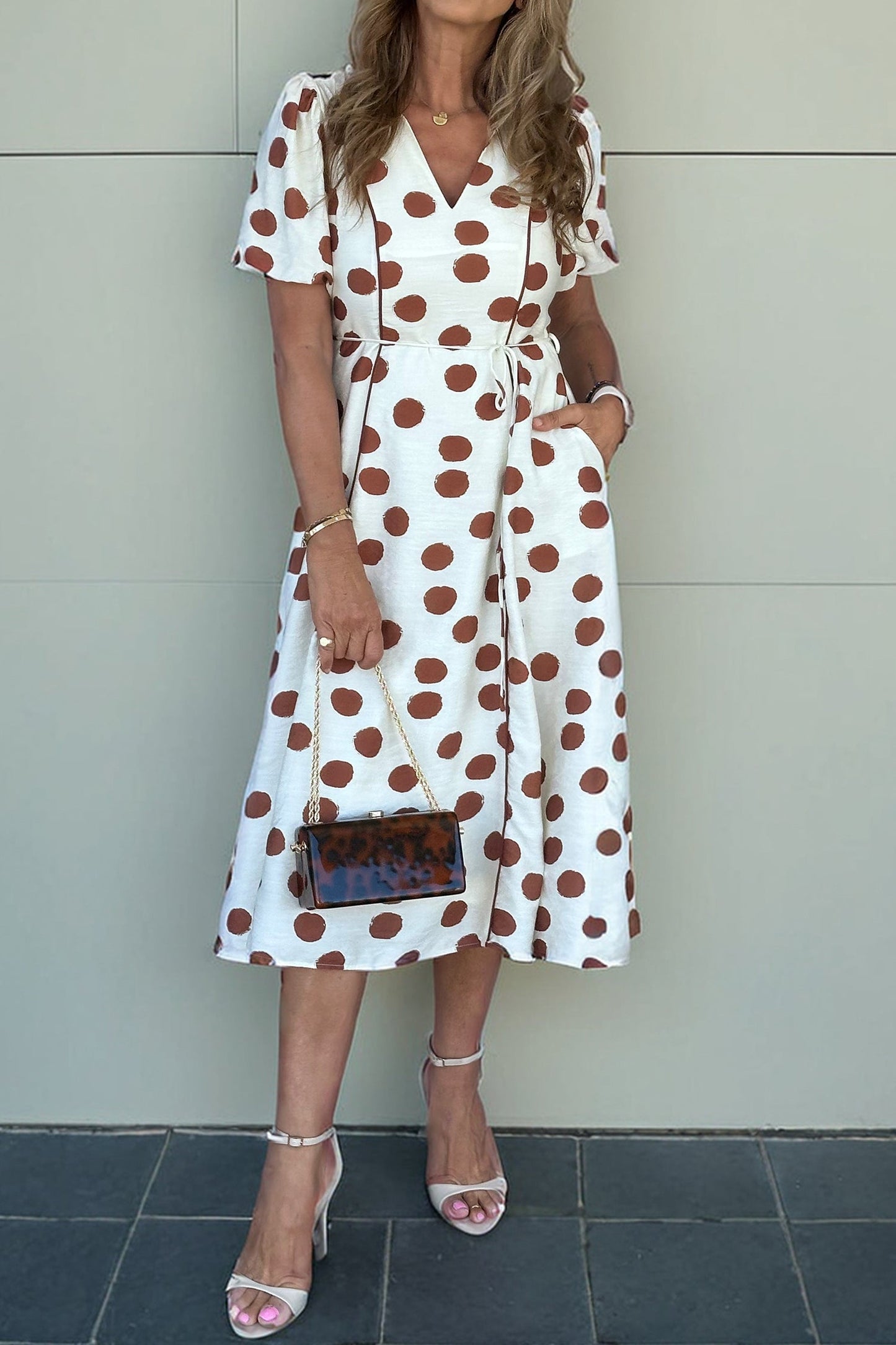 Hazel Blues® |  White Polka Dot Printed V Neck Short Sleeve Tie Waist Midi Dress