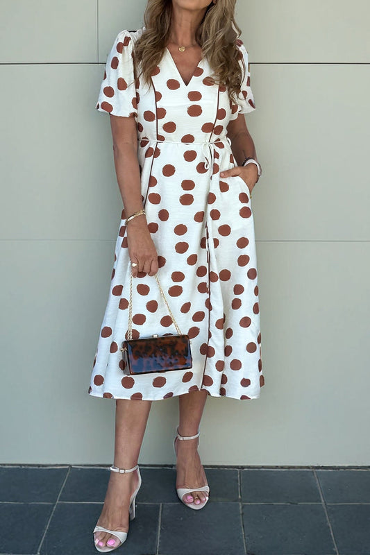 Hazel Blues® |  White Polka Dot Printed V Neck Short Sleeve Tie Waist Midi Dress
