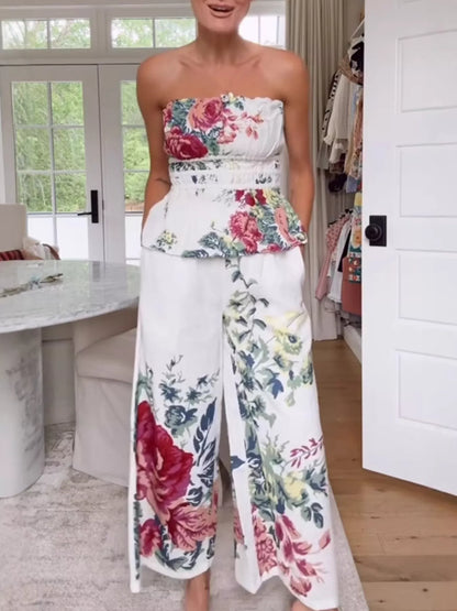 Hazel Blues® |  Floral Print Strapless Top and Wide-Leg Pants Set