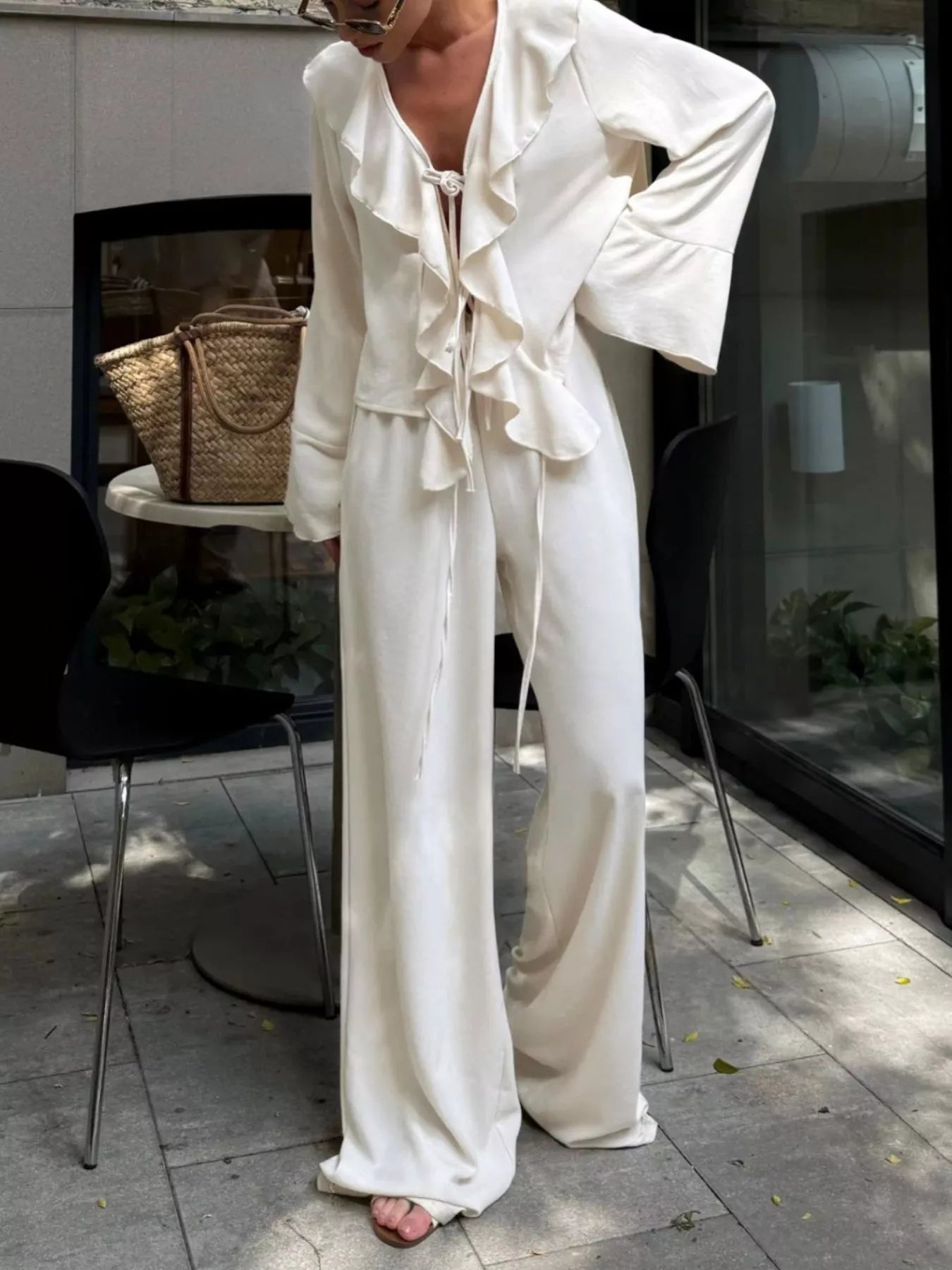 Hazel Blues® |  Ruffle Trim Tie Front Top and Pants Set