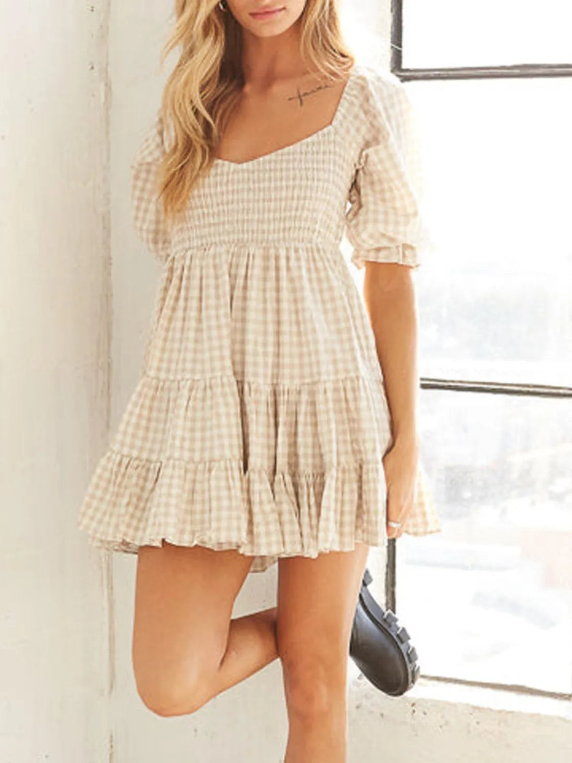 Hazel Blues® |  Ruffled Hem Plaid Half Sleeve Mini Dress