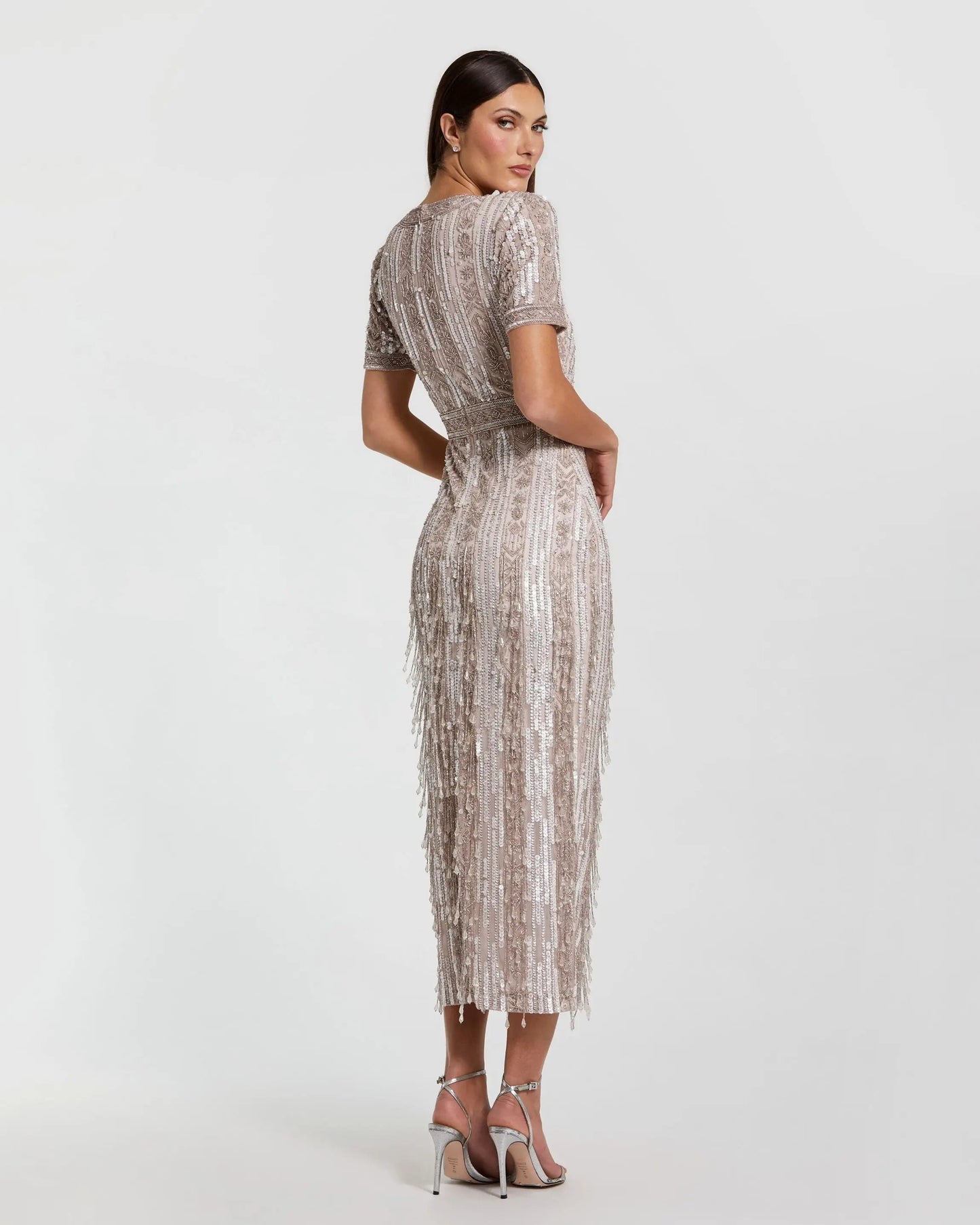 Pink High Neck Short Sleeve Crystal Fringe Sheath Dress