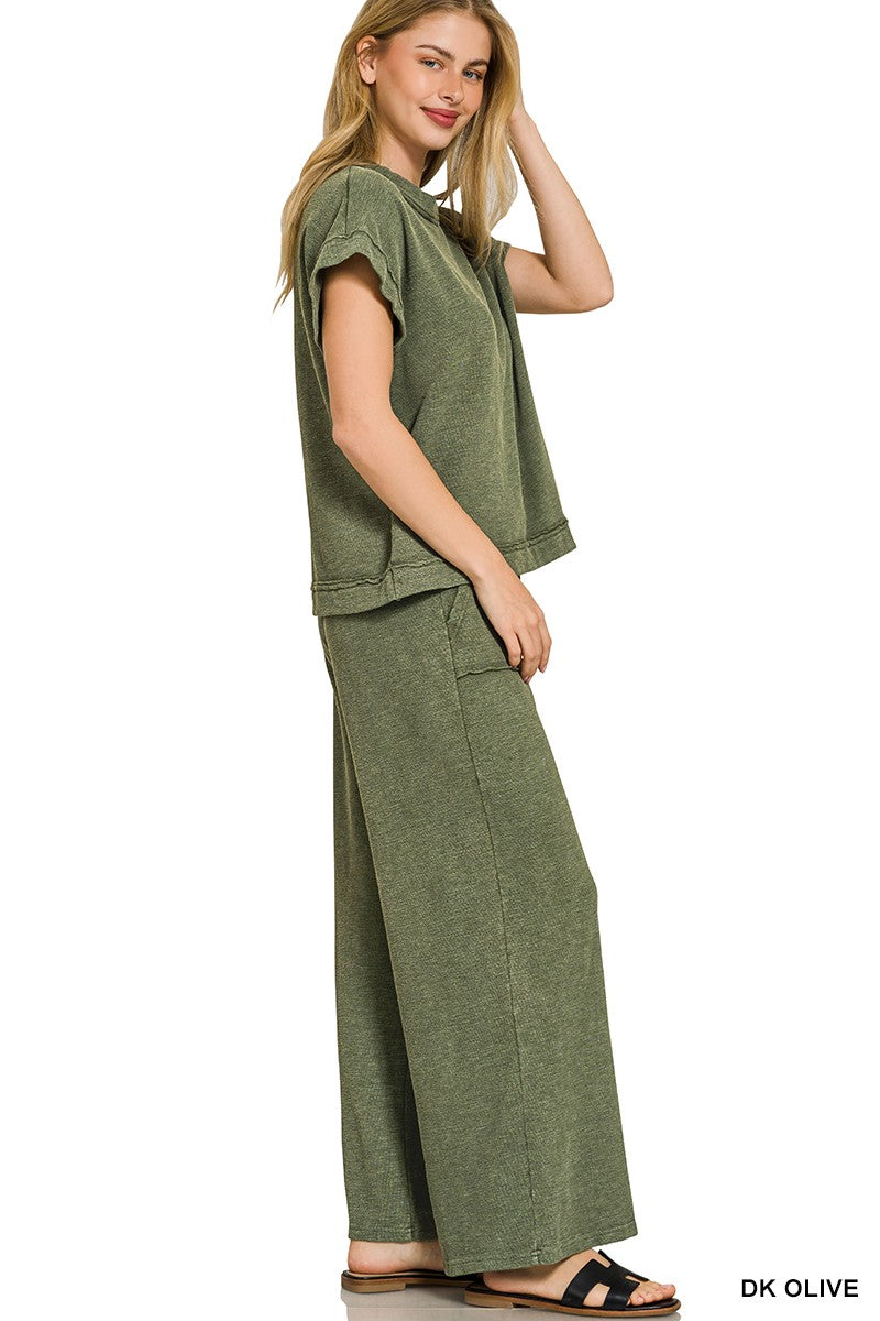 Hazel Blues® |  Zenana Washed Slub Short Sleeve Tee & Long Pants Set
