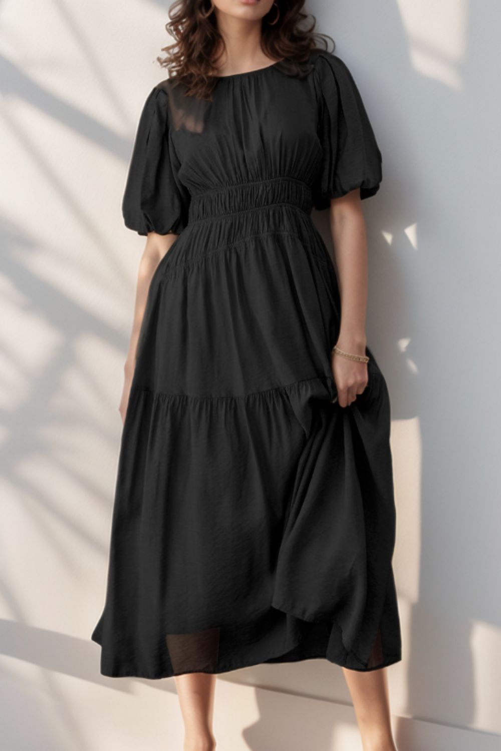 Hazel Blues® |  Puff Sleeve Pleated High Waist Flowy Midi Dress