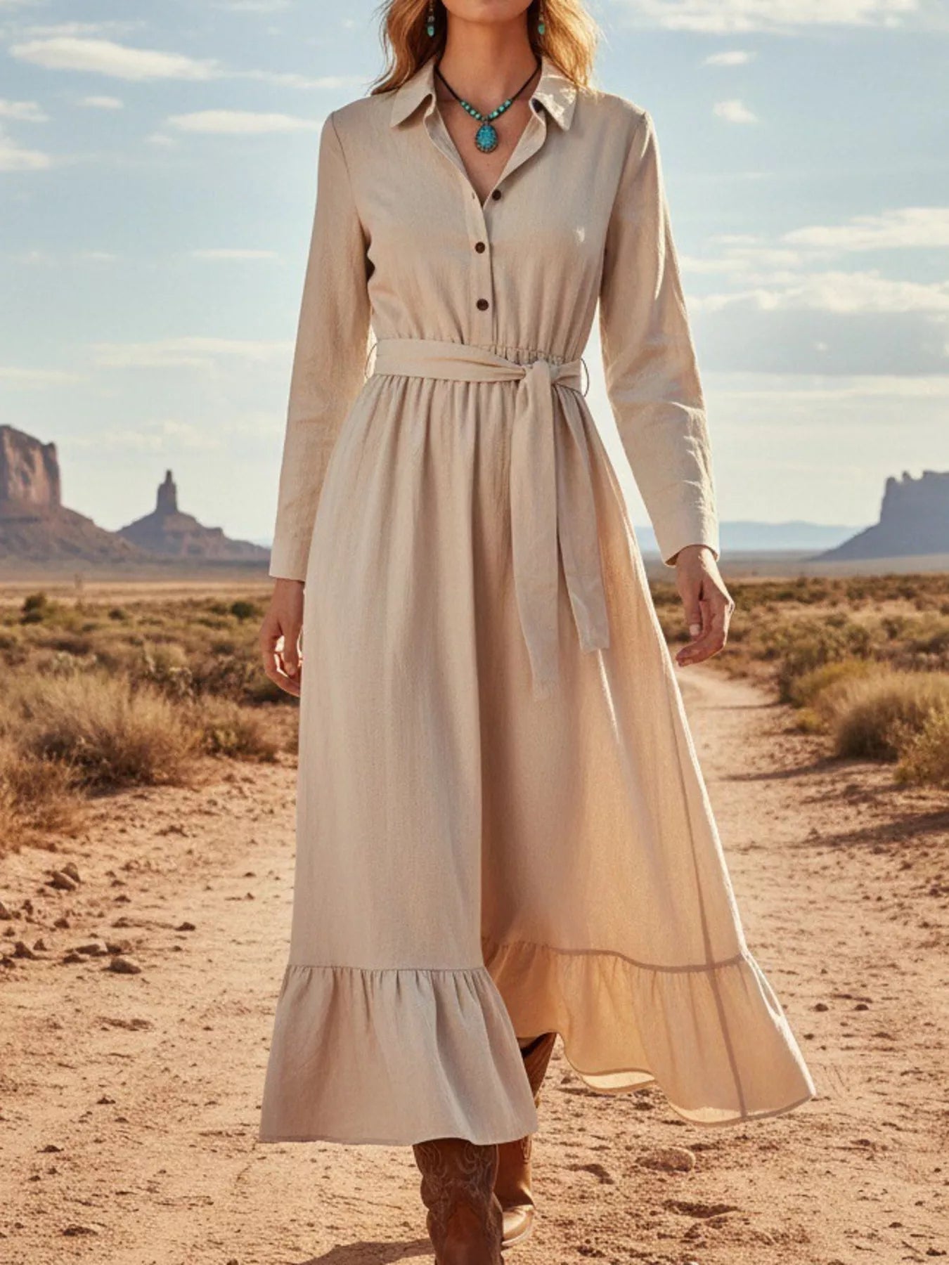 Hazel Blues® |  Tie Waist Long Sleeve Ruffled Hem Dress