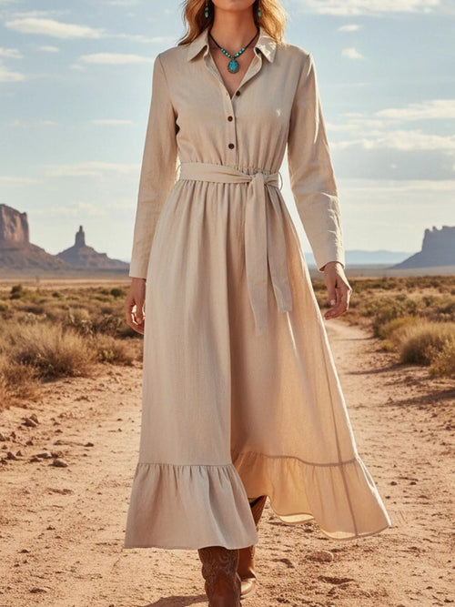 Hazel Blues® |  Tie Waist Long Sleeve Ruffled Hem Dress