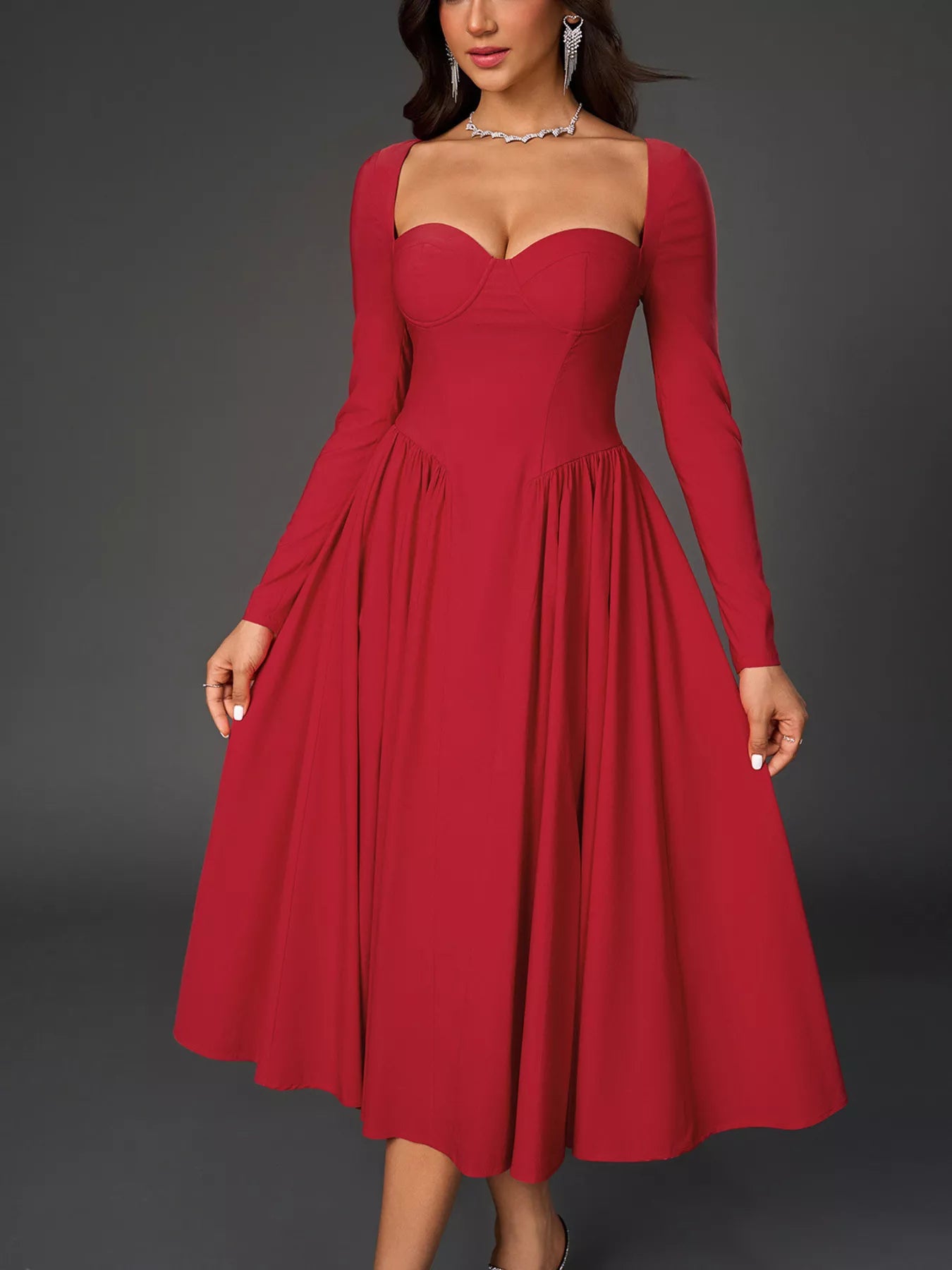 Hazel Blues® |  Sweetheart Neckline Long Sleeve A-Line Midi Dress