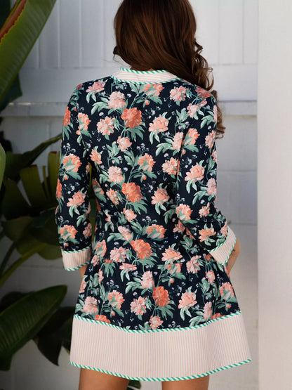 Hazel Blues® |  Floral Print Striped Trim V Neck Long Sleeve Ruffle Hem Shift Mini Dress