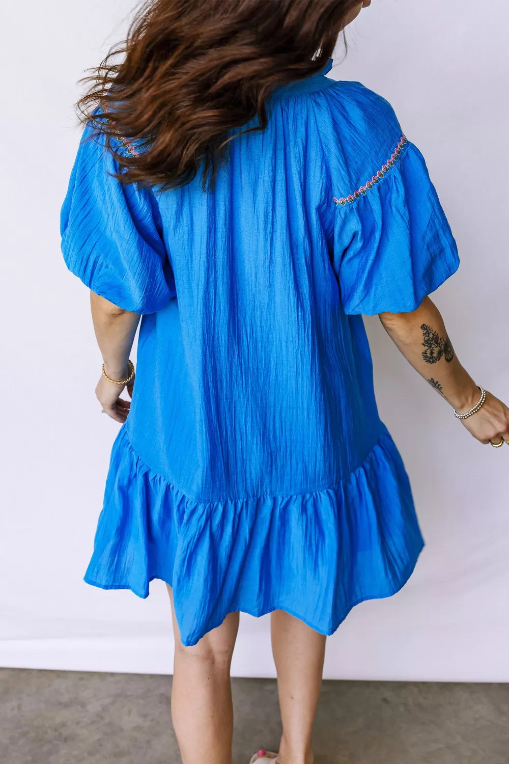 Hazel Blues® |  Flower Embroidered Split Neck Short Puff Sleeve Ruffle Hem Dress