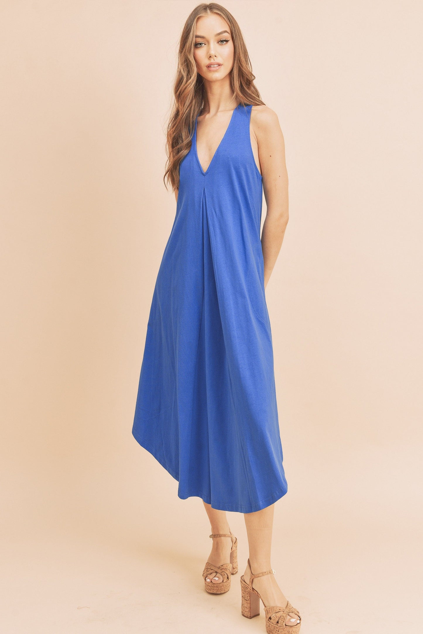 Hazel Blues® |  Aemi + Co Front Pleat Detail V-Neck Sleeveless Midi Dress