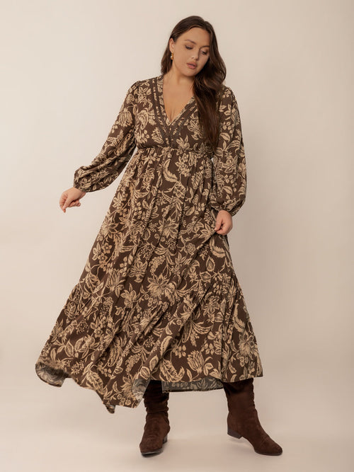 Hazel Blues® | Printed V-Neck Balloon Sleeve Maxi Dress
