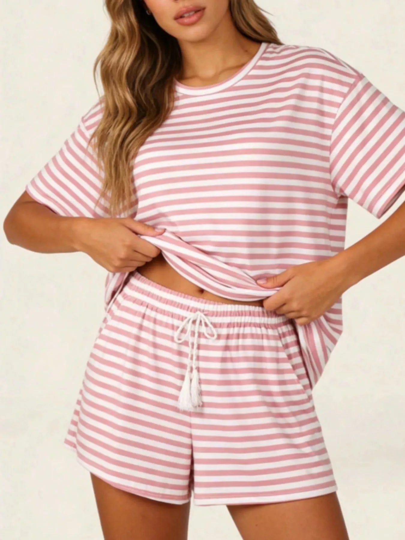 Hazel Blues® |  Striped Short Sleeve Tee and Drawstring Shorts Set