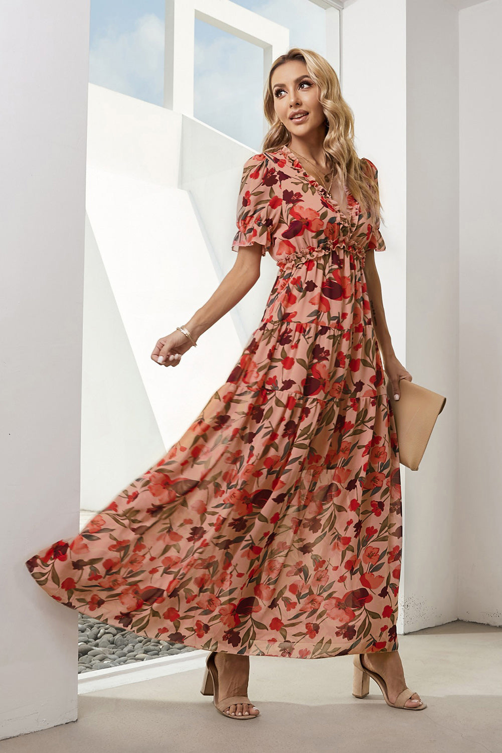 Hazel Blues® |  Floral V-Neck Short Flounce Sleeve Dress