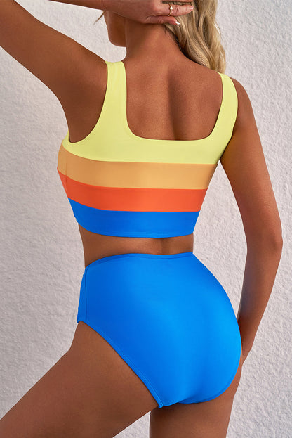 Hazel Blues® | Blue Colorblock Square Neck Top Pleated High Waisted Bikini
