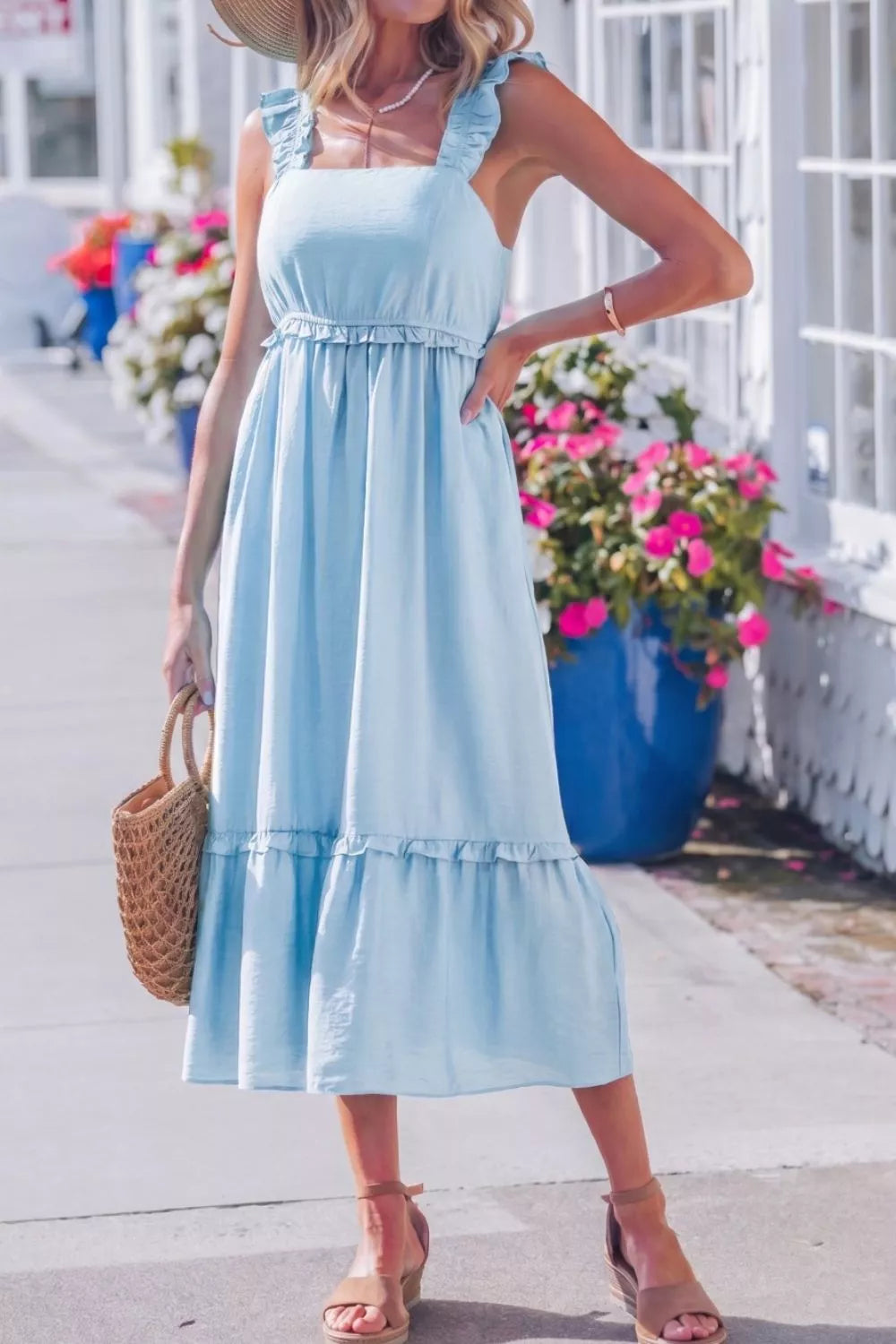 Hazel Blues® |  Solid Color Ruffle Trim High Waist Sleeveless Dress
