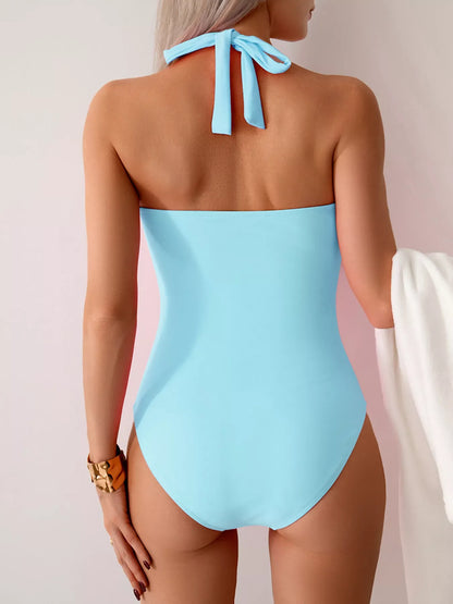 Hazel Blues® | Twisted Front Halter Neck Ruched One-Piece Swimsuit