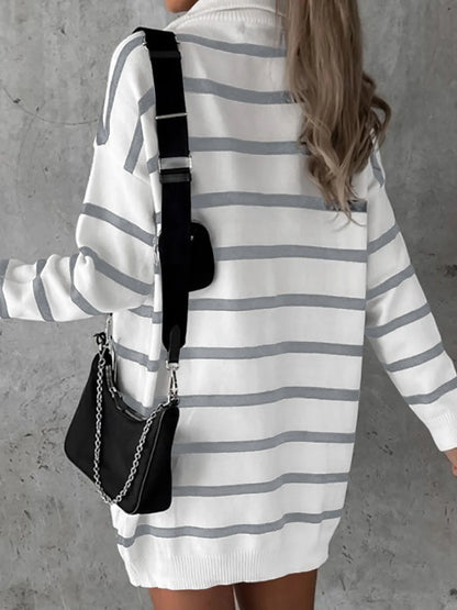 Hazel Blues® |  Striped O-ring Zip Collared Loose Sweater Mini Dress