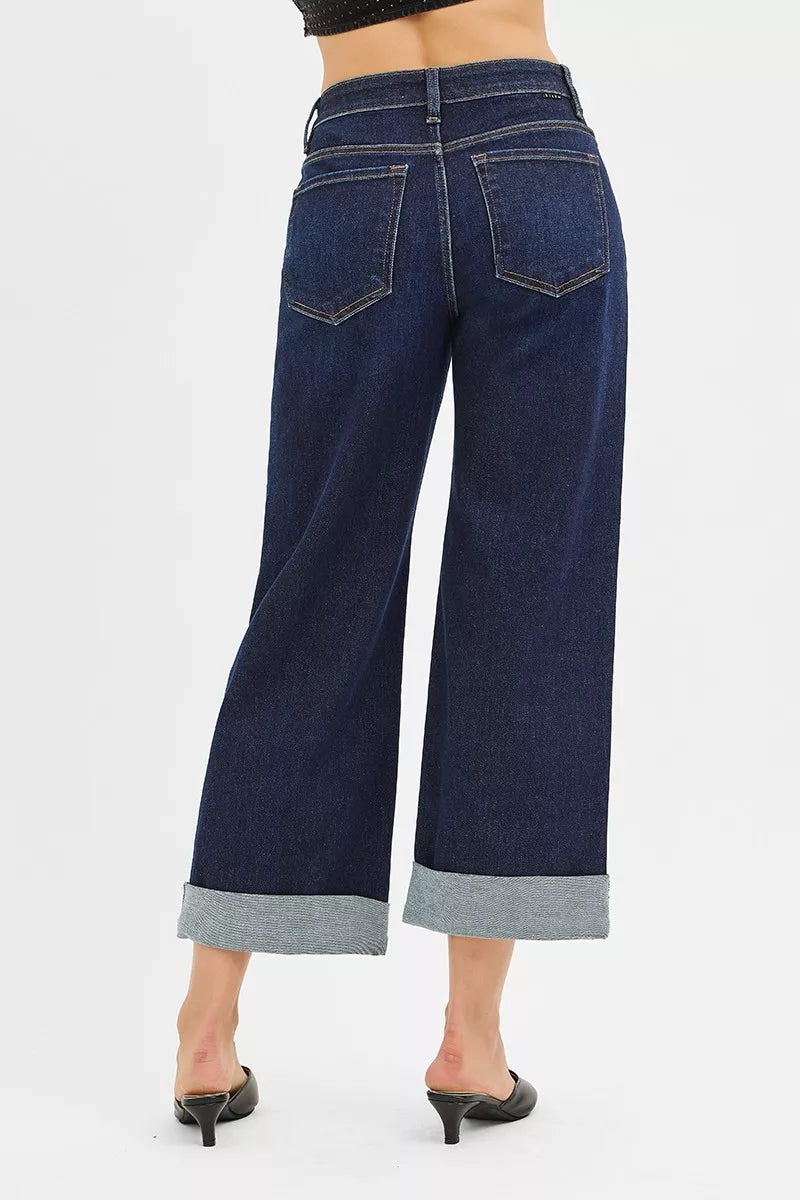 Hazel Blues® |  RISEN Mid Rise Fit Ankle Wide Roll Up Jeans