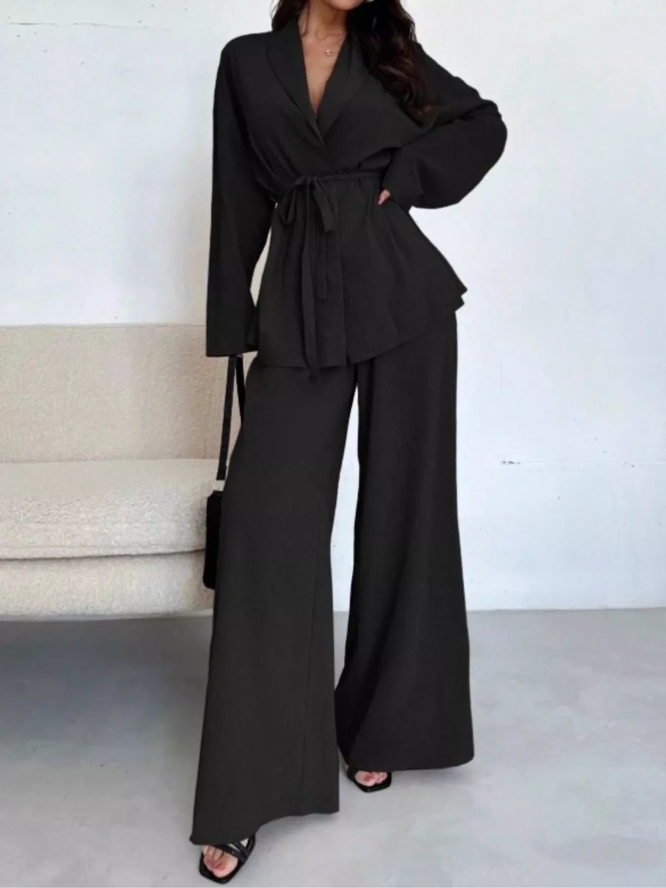 Hazel Blues® |  Front Tied Shirt and Wide-Leg Pants Set