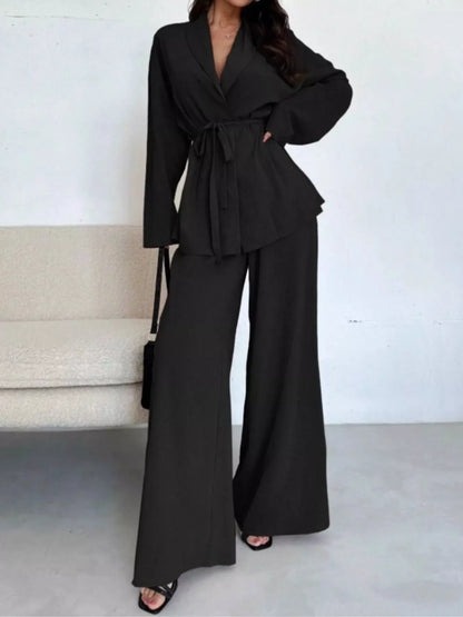 Hazel Blues® |  Front Tied Shirt and Wide-Leg Pants Set